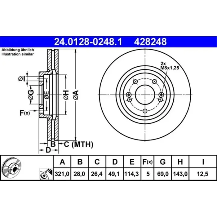 ATE Bremsscheibe 24.0128-0248.1 Hyundai Grand Santa Kia Sorento