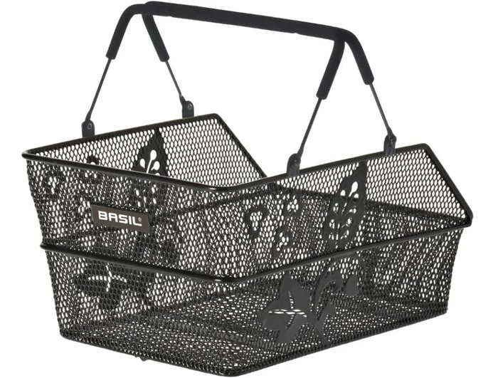 Basil Cento S Flower Multi – Hinterradkorb, schwarz mit Blumenmotiv, Stahl, MIK-/Racktime kompatibel, 36x26x18 cm, max. 10 kg